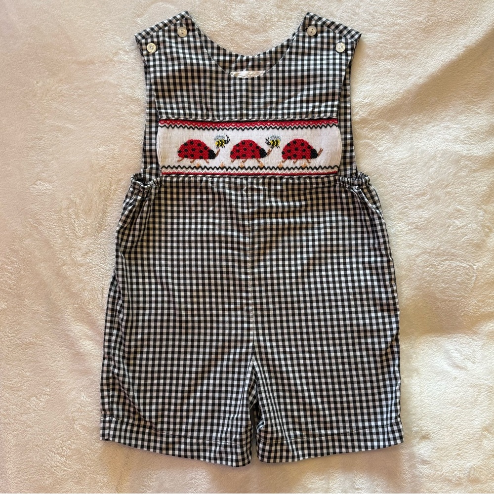 St. John Black & White Gingham Smocked Ladybug Shortalls